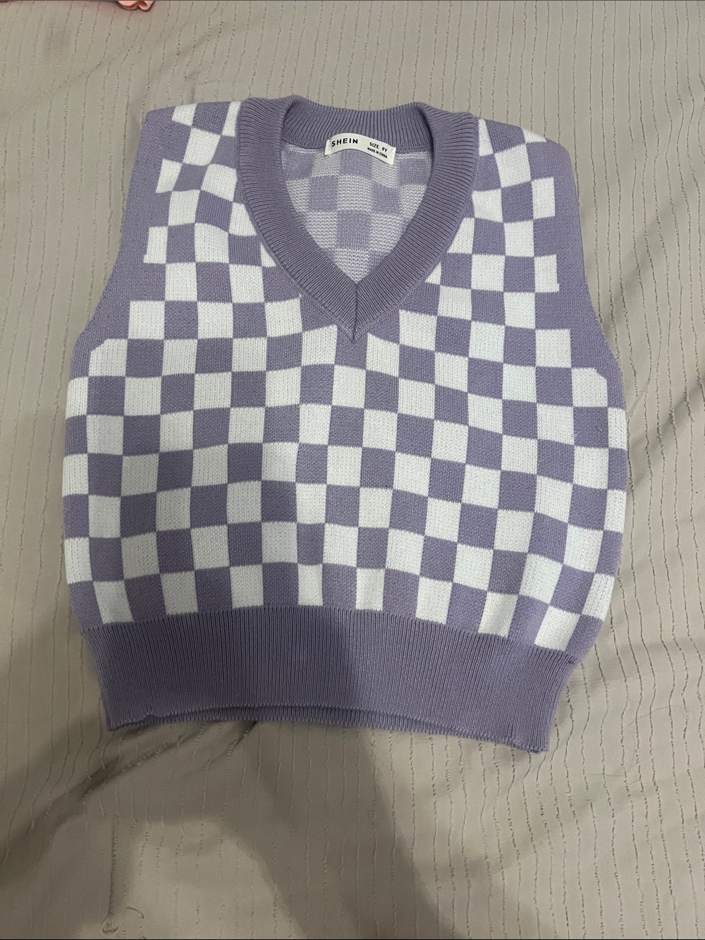 SHEIN Lavender & White Checker V-Neck Sweater Vest